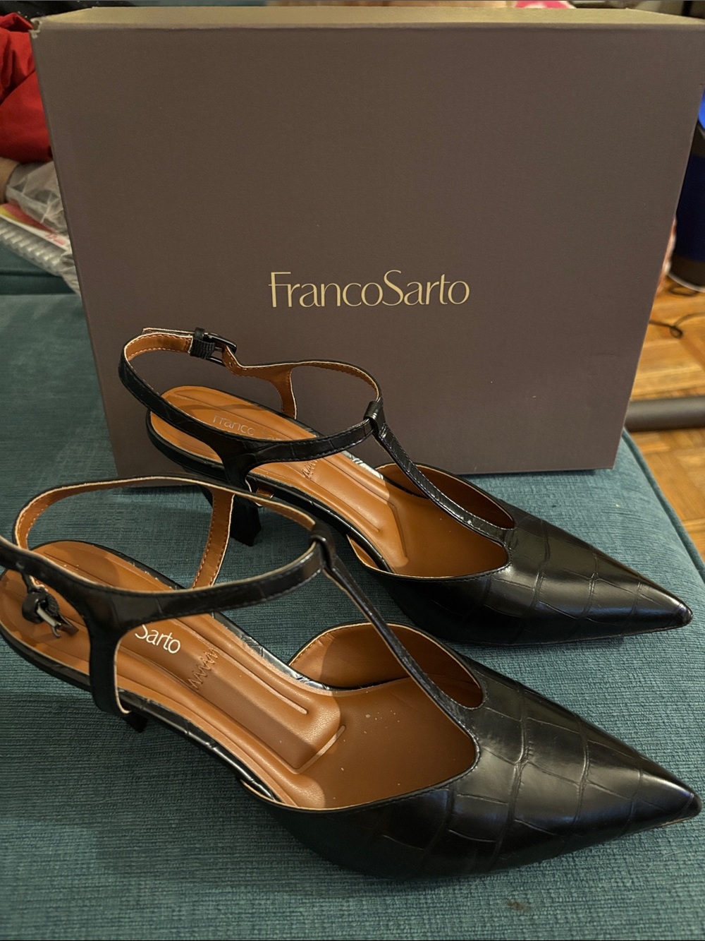 Franco Sarto Black Pointed T-Strap Kitten Heels with Croc Texture